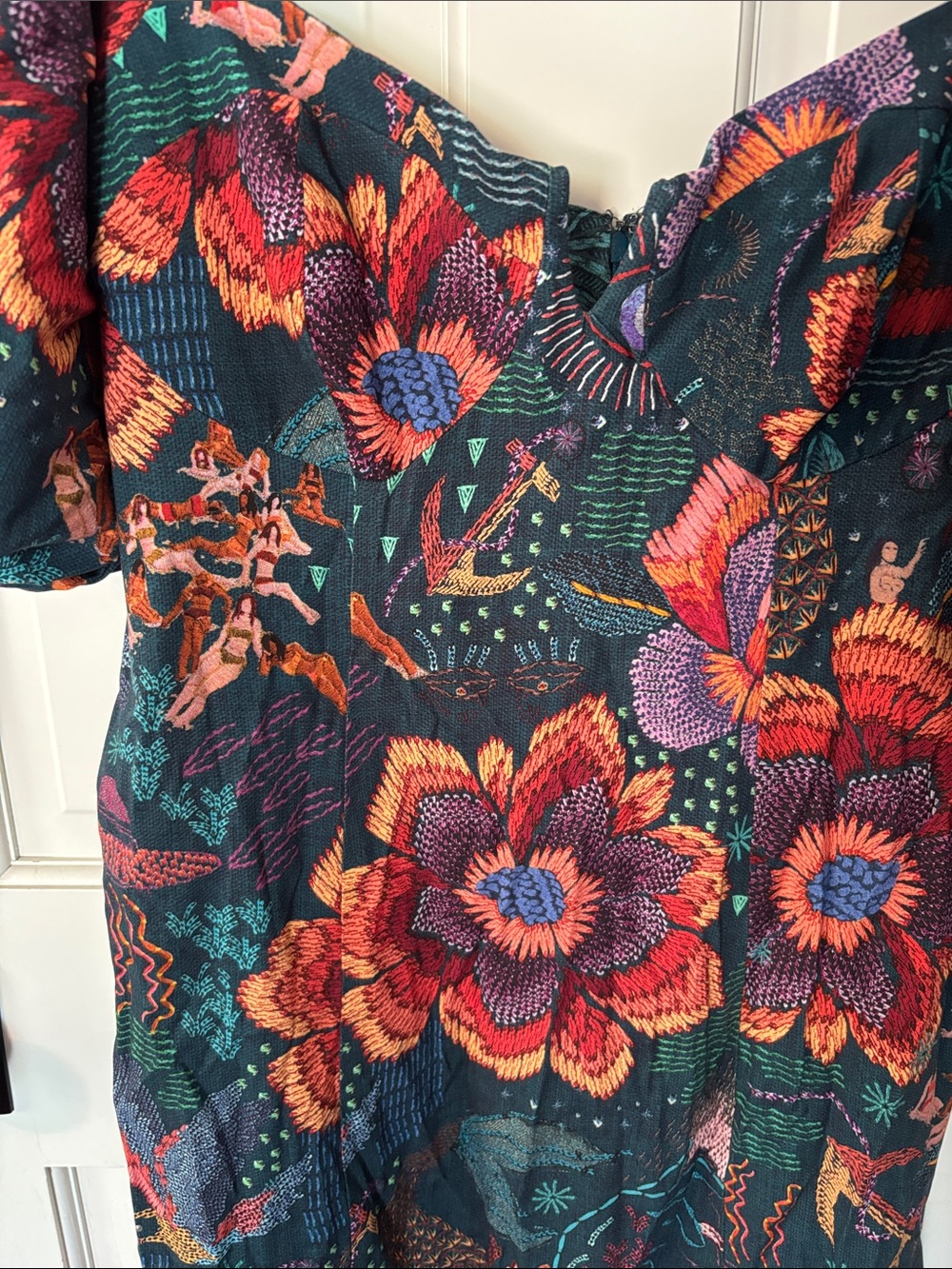 FARM Rio Dark Green Floral Puff-Sleeve Midi Dress with Coral Accents - Picture 4 of 5
